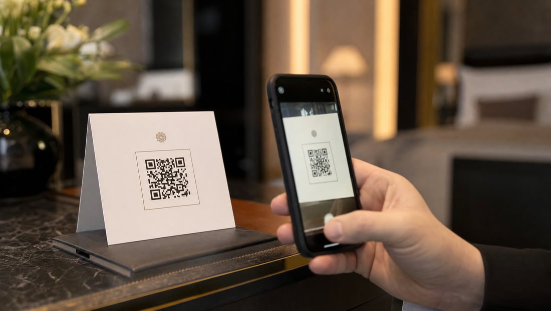 huésped escaneando un código QR para conectarse al wifi del hotel