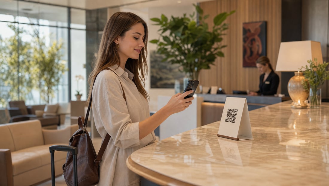 huésped escaneando el código QR del wifi en la recepción de un hotel moderno